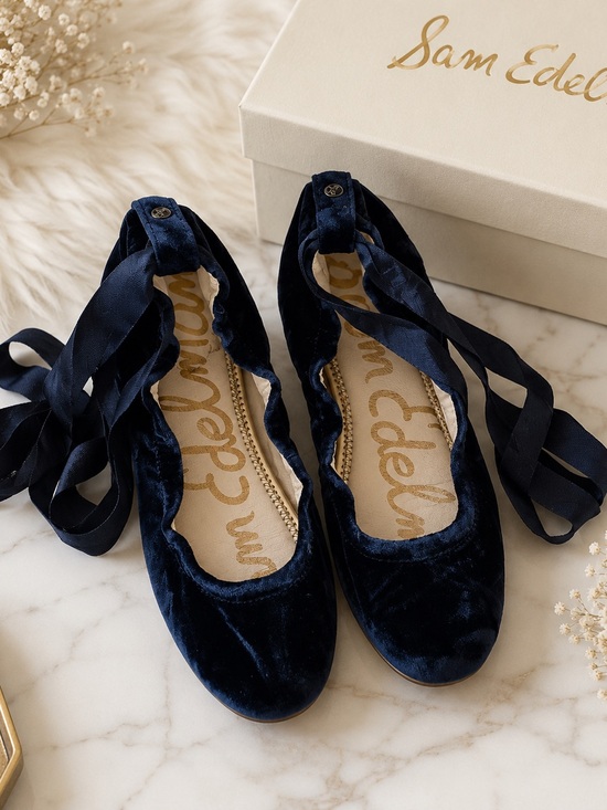 Sam Edelman Shoes - Sam Edelman Navy Blue Velvet Ankle Tie Ballet Flats Size 10